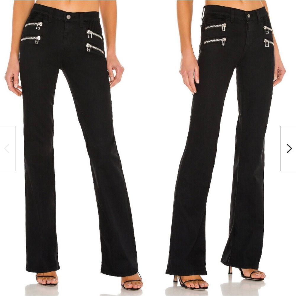 Revolve LOVERS + FRIENDS Black Bailey Flare Moto Jeans Size 28 Zipper‎ Pockets